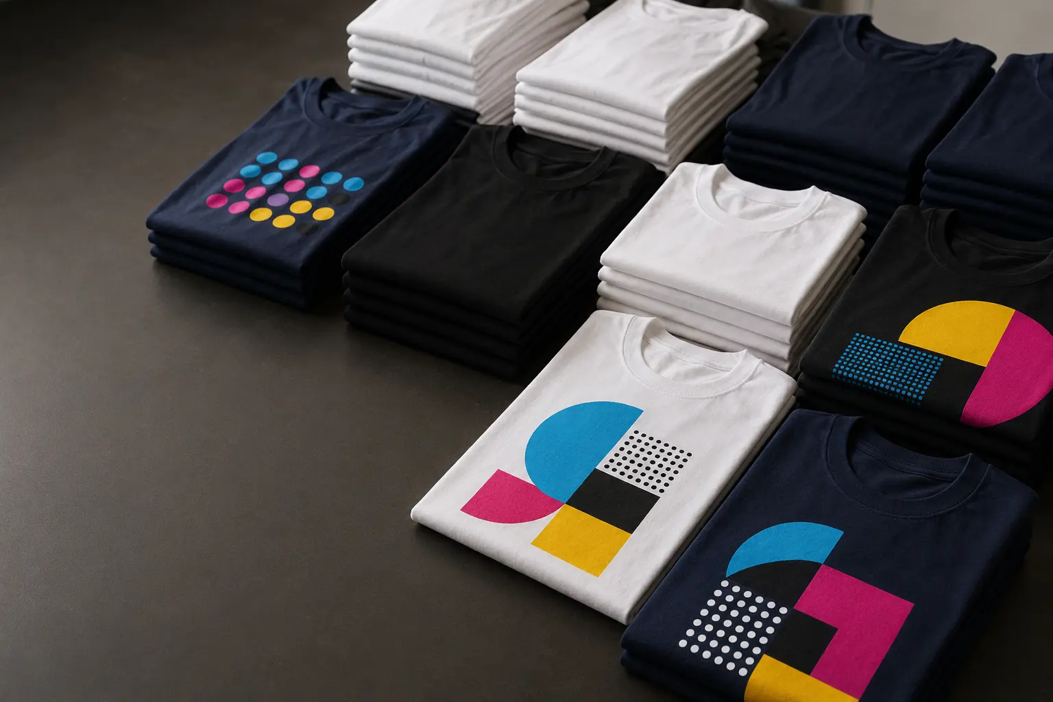 Produzione in quantità di T-shirt bianche, nere e blu con grafiche astratte personalizzate